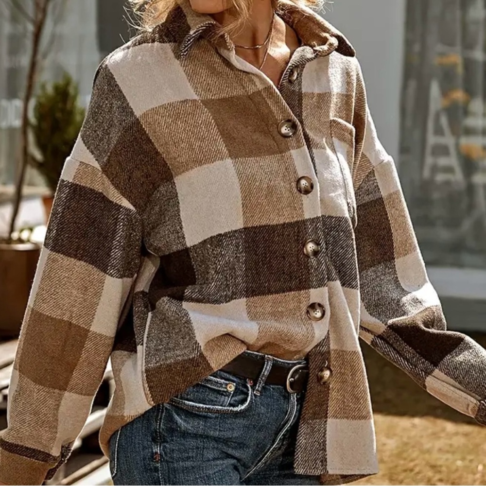 Plaid Brown Tan Utility Jacket for Women - Picture 3 of 4